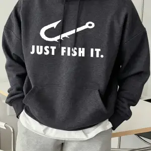 Just Fish It Balık Kancası Desenli Baskılı Erkek Kapüşonlu Sweatshirt Moda Polar Sıcak Kazak