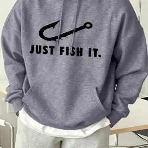 Just Fish It Balık Kancası Desenli Baskılı Erkek Kapüşonlu Sweatshirt Moda Polar Sıcak Kazak