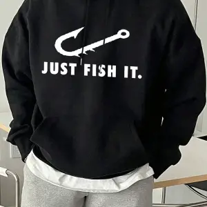Just Fish It Balık Kancası Desenli Baskılı Erkek Kapüşonlu Sweatshirt Moda Polar Sıcak Kazak