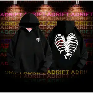 Kaburga Kalp Tasarım Baskılı Kapüşonlu Sweatshirt Hoodie Siyah