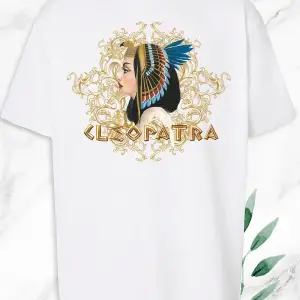 Kadın Beyaz Antik Mısır Kraliçe Kleopatra Baskılı Oversize T-Shirt
