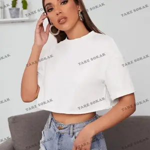 Kadın Beyaz Bisiklet Yaka Oversize Crop