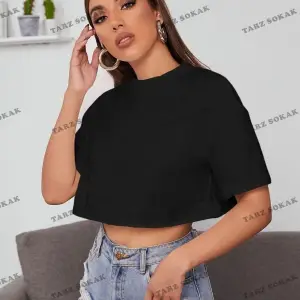 Kadın Beyaz Bisiklet Yaka Oversize Crop