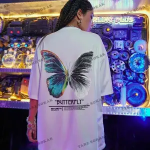 Kadın Beyaz Butterfly Ön Arka Baskılı Oversize