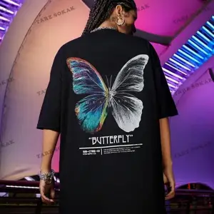 Kadın Beyaz Butterfly Ön Arka Baskılı Oversize