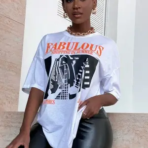 Kadın Beyaz Fabulous Baskılı Oversize Bisiklet Yaka Tshirt