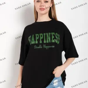 Kadın Beyaz Happıness Baskılı Oversize