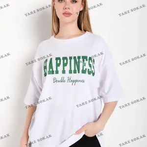 Kadın Beyaz Happıness Baskılı Oversize