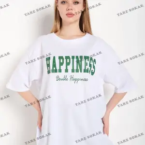 Kadın Beyaz Happıness Baskılı Oversize