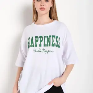 Kadın Beyaz Happıness Baskılı Oversize Tshirt