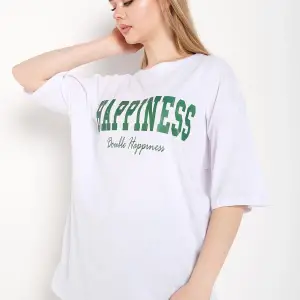 Kadın Beyaz Happıness Baskılı Oversize Tshirt