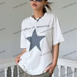 Kadın Beyaz İmpossible Star Baskılı Oversize