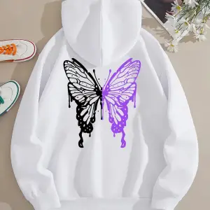 Kadın Beyaz Kelebek Baskılı Kapüşonlu Sweatshirt