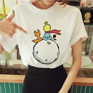 Kadın Beyaz Küçük Prens Baskılı Bisiklet Yaka Oversize Geniş Kalıp T-shirt Tişört