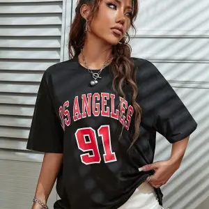 Kadın Beyaz Los Angeles 91 Baskılı Oversize Tişört