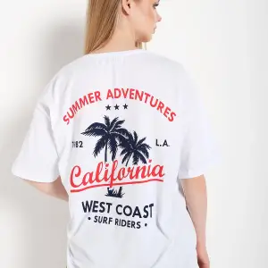 Kadın Beyaz Oversize California Baskılı T-shirt