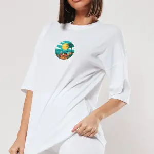 Kadın Beyaz Scooter Baskılı Bisiklet Yaka Oversize Pamuklu T-shirt