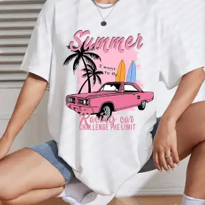 Kadın Beyaz Summer Racing Car Baskılı Oversize T-shirt
