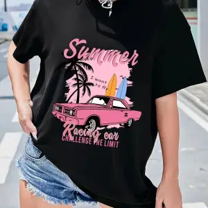 Kadın Beyaz Summer Racing Car Baskılı Oversize T-shirt