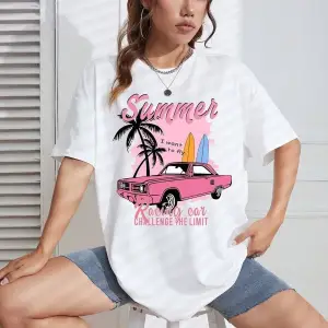 Kadın Beyaz Summer Racing Car Baskılı Oversize T-shirt