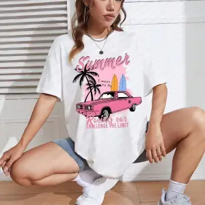 Kadın Beyaz Summer Racing Car Baskılı Oversize T-shirt
