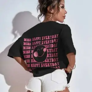 Kadın Beyaz Wish Happy Everyday Baskılı Oversize T-shirt