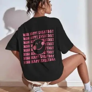 Kadın Beyaz Wish Happy Everyday Baskılı Oversize T-shirt