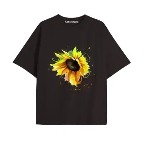 Kadın Çiçek  Özel Baskılı Renkli Oversize Penye Pamuklu Bisiklet Yaka T-Shirt