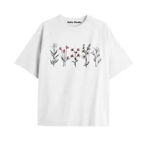 Kadın Çiçek  Özel Baskılı Renkli Oversize Penye Pamuklu Bisiklet Yaka T-Shirt