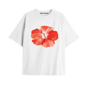 Kadın Çiçek  Özel Baskılı Renkli Oversize Penye Pamuklu Bisiklet Yaka T-Shirt