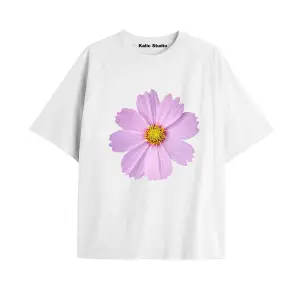 Kadın Çiçek  Özel Baskılı Renkli Oversize Penye Pamuklu Bisiklet Yaka T-Shirt