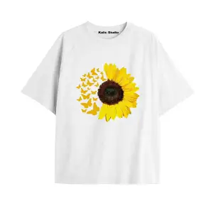 Kadın Çiçek  Özel Baskılı Renkli Oversize Penye Pamuklu Bisiklet Yaka T-Shirt