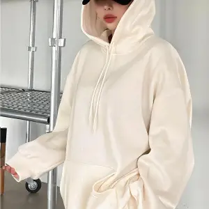 Kadın Ekru Düz Kapüşonlu Oversize 3 iplik Şardonlu Salaş Bol Kesim Hoodie Sweatsh Beyaz