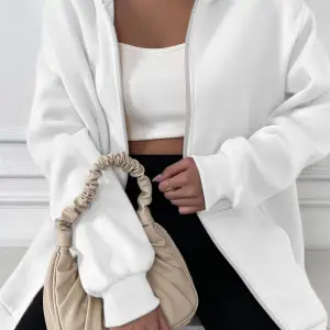 Kadin Ekru Kapüşonlu Fermuarlı 3 Üç Iplik Polar Kanguru Oversize Salaş Sweatshirt Beyaz