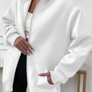 Kadin Ekru Kapüşonlu Fermuarlı 3 Üç Iplik Polar Kanguru Oversize Salaş Sweatshirt Beyaz