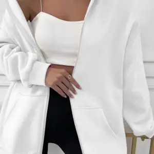 Kadin Ekru Kapüşonlu Fermuarlı 3 Üç Iplik Polar Kanguru Oversize Salaş Sweatshirt Beyaz