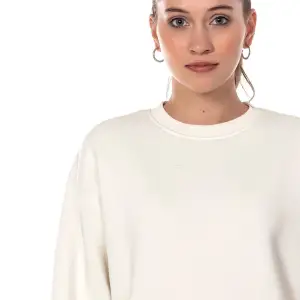 Kadın Ekru Renk Uzun Kesim Basic Örme Sweatshirt Cy84197 Beyaz
