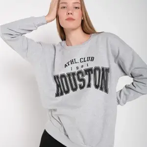 Kadın Gri Houston Baskılı Bisiklet Yaka Oversize Sweatshirt mdgnhouston
