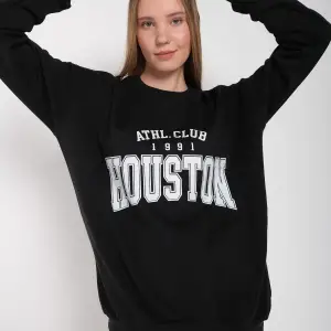 Kadın Gri Houston Baskılı Bisiklet Yaka Oversize Sweatshirt mdgnhouston