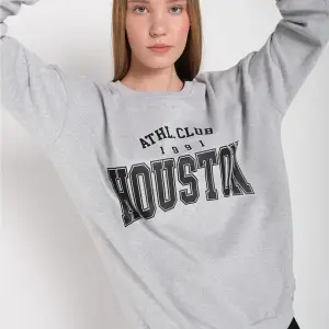 Kadın Gri Houston Baskılı Bisiklet Yaka Oversize Sweatshirt mdgnhouston