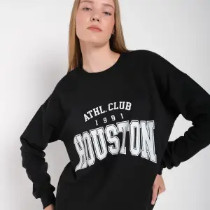 Kadın Gri Houston Baskılı Bisiklet Yaka Oversize Sweatshirt mdgnhouston