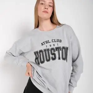 Kadın Gri Houston Baskılı Bisiklet Yaka Oversize Sweatshirt mdgnhouston