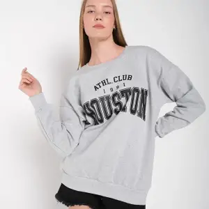 Kadın Gri Houston Baskılı Bisiklet Yaka Oversize Sweatshirt mdgnhouston