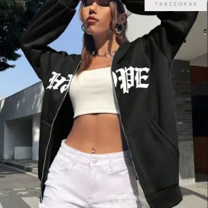 Kadın Hope Baskılı Fermuarlı Kapşonlu Oversize Siyah