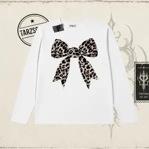 Kadın Leopar Kurdele Biskilet Yaka  Long Sleeve Beyaz