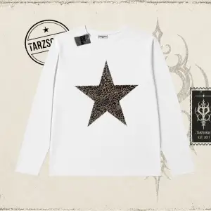 Kadın Leopar Yıldız Biskilet Yaka  Long Sleeve Beyaz