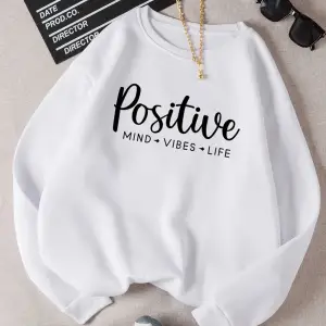 Kadın Positive Renkli Oversize Bisiklet Yaka Pamuklu Sweatshirt Beyaz