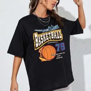 Kadın Siyah Basketball Tournament Baskılı Oversize Tişört