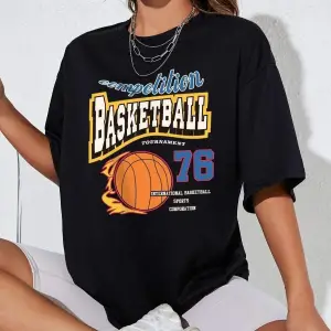 Kadın Siyah Basketball Tournament Baskılı Oversize Tişört