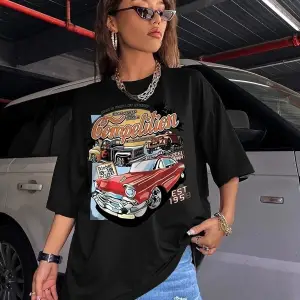 Kadın Siyah Compeltition Baskılı Oversize T-shirt